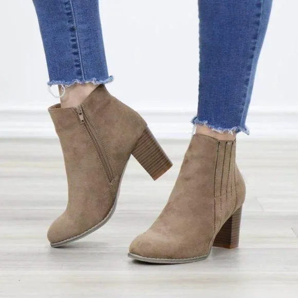 Faux Suede Bock Heel Ankle Bootie - Picture 11 of 13